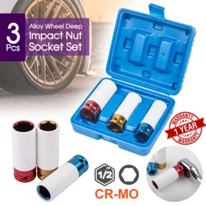 3pc Alloy Wheel Deep Impact Nut Socket Set 17, 19, 21mm 1/2'' with Nylon Sleeve - Picture 1 of 11