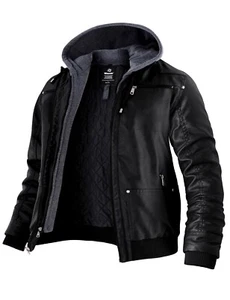 Wantdo Men's Faux Leather Jacket with Removable Hood Bomber Jacket with 2 Styles - Picture 1 of 64