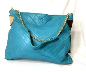 Prodotto Artigianale Italian Leather Shoulder Bag Turquoise Blue Gold Chain - Picture 1 of 14