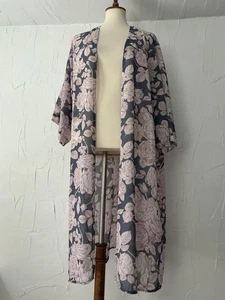 Wallflower Kimono Duster/Robe Open Gray Pink Floral Chiffon Size XL - Picture 1 of 13
