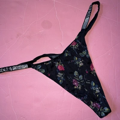 NWT Victoria's Secret M THONG V-STRING panty BLACK FLORAL pink Green SHINE STRAP - Image 1 of 4