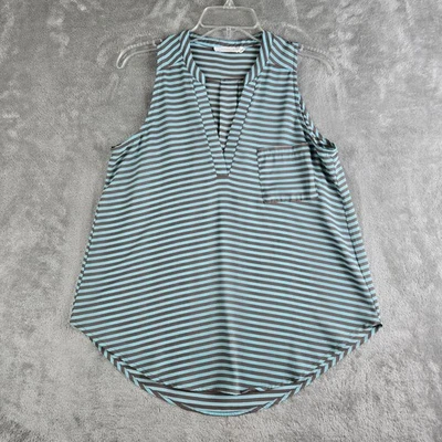 Top exuberante para mujer mediano marrón azul aguamarina rayas cuello en V ligero suelto de moda Foto 1 de 4