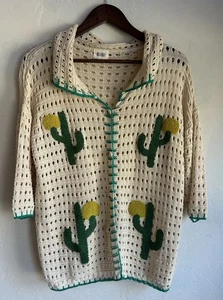 Bibi Cactus Patch Crochet Cardigan Sweater Top S Oversized Novelty Festival - Picture 1 of 8