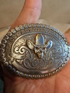 Vintage Crumrine Cowboy Till Death Belt Buckle Skull Western Gothic Rodeo USA - Picture 1 of 5