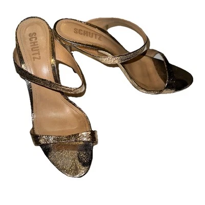 SCHUTZ 金色裂纹皮革双肩带拖鞋泵跟女式 8B 码 — 第 1/4 张图片