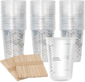 100Pcs 8Oz Graduated Clear Plastic Measuring Cups with 100Pcs Wooden Stirring St - Picture 1 of 6