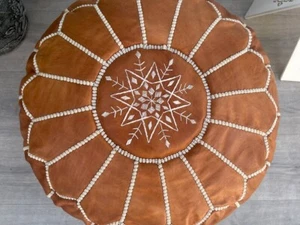 Round Boho Un-Stuffed Aamazing Leather Genuine Pouffe Footstool Brown 24'' - Picture 1 of 8