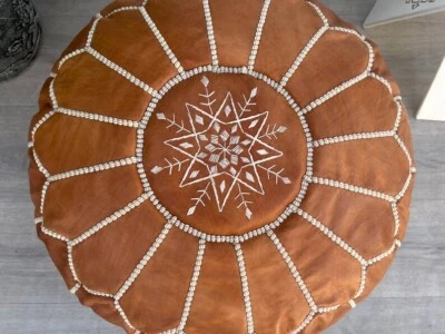 Round Boho Un-Stuffed Aamazing Leather Genuine Pouffe Footstool Brown 24'' - Image 1 of 4