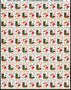 1964 WX220 Kinder/Weihnachtsmann/Strumpf "E" Spaltbogen 100 Weihnachtssiegel Briefmarken - Bild 1 von 1