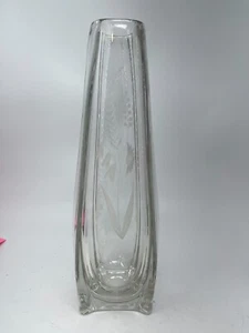 Vintage Glass Vase Etched Wheat and Flower Art 12" - Picture 1 of 5