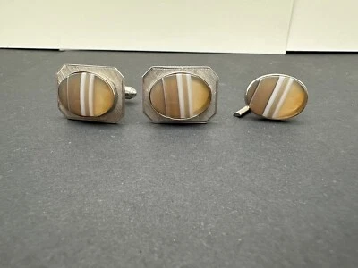 Gemelos de plata esterlina corbata ovalada marrón ágata Anson Foto 1 de 2