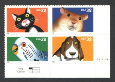 Unused US Postage Block 32 Cent Stamps BRIGHT EYES Parrot Dog Hamster Black Cat - Image 1 of 2