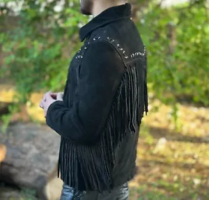 Mens Black Real Suede Leather Fringe Jacket Western Suede Jacket, Cowboy Jacket - Picture 1 of 7