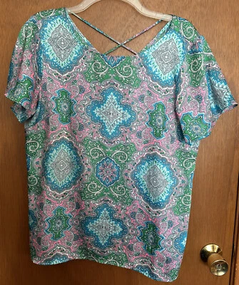 Talbots Paisley Medallion Criss-Cross Back Short Sleeve Top LP - Image 1 of 4