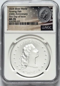 2024 SILVER FLOWING HAIR 230TH ANNIVERSARY FIRST DAY OF ISSUE NGC MS70 - Picture 1 of 2