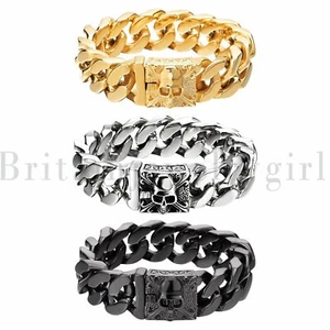 Gothic Biker Large Skull Stainless Steel Punk Curb Cuban Chain Bracelet for Men - Picture 1 of 13