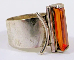 Anillo ajustable vintage modernista de plata y ámbar - Imagen 1 de 8