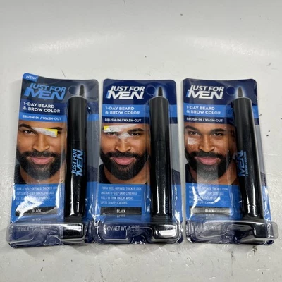 Just For MEN 1-DAY Beard & Brow Color BLACK Brush In Wash Out ONE STEP Lot Of 3 - Image 1 of 3