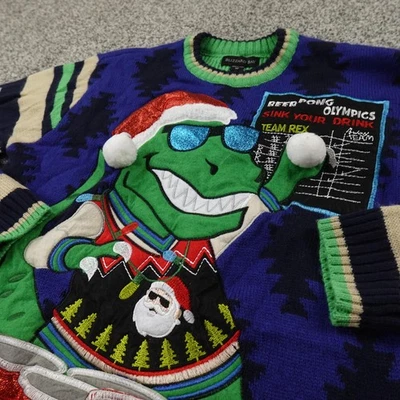 Blizzard Bay Sweater Mens M Blue Ugly Christmas Santa T Rex Beer Pong 3D Novelty - Image 1 of 4
