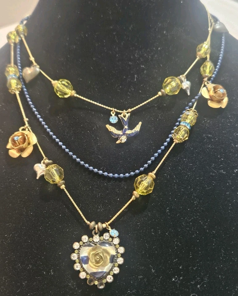 Betsey Johnson Layered 3 Strand Heart Flower Bird Charm Necklace Up to 8" Neck - Image 1 of 4