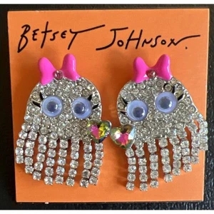Betsey Johnson Shaky Ghost Fringe Pink Bow Heart Drop Earrings Crystal Halloween - Picture 1 of 3