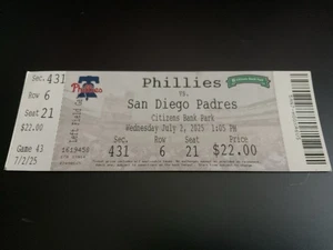 PHILLIES~2025 TALÓN DE BOLETO 7/2/25 VS PADRES~ Schwarber HR #310-Turner SB #300 SGA - Imagen 1 de 2