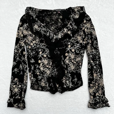 Top Rampage Vintage Encaje Manga Larga Campana Volantes Y2K Coqueta Negro Floral Talla M Foto 1 de 4