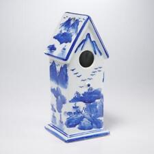 Blue White Ceramic Vtg Hanging Square A Frame Bird House Garden Decor 9.75"h