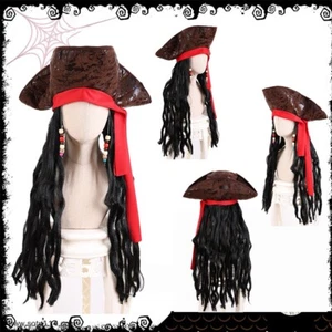 Caribbean Pirate Hat Captain Jack Fancy Dress Up Hair Sparrow with Hair Costume - Picture 1 of 24