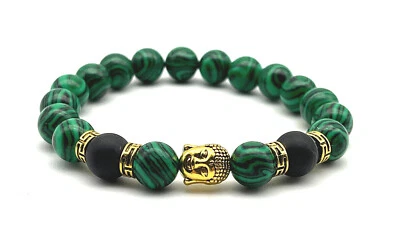 Brazalete Armonía Malaquita, Piedras Preciosas de Ónix Mate Oro Cabeza de Buda Cuentas 10mm Foto 1 de 4