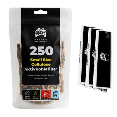 250x KAILAR Cellulose Aktivkohlefilter Slim Ø 5,9mm UNBLEACHED + 3x Papers, NEU!