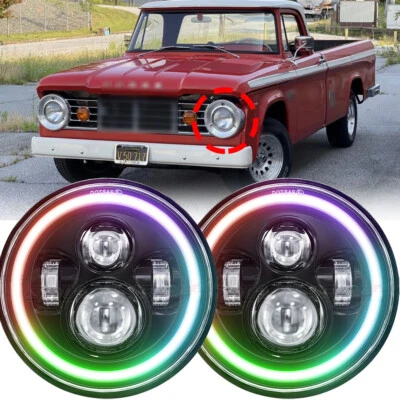 FIT for dodge D100 D150 D200 D300 Pair RGB 7 inch ROUND Headlights Hi/Lo Beam US - Image 1 of 4