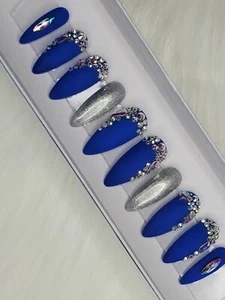 Royal Blue matte stiletto nails chrome silver crystal bling press on nails - Picture 1 of 8