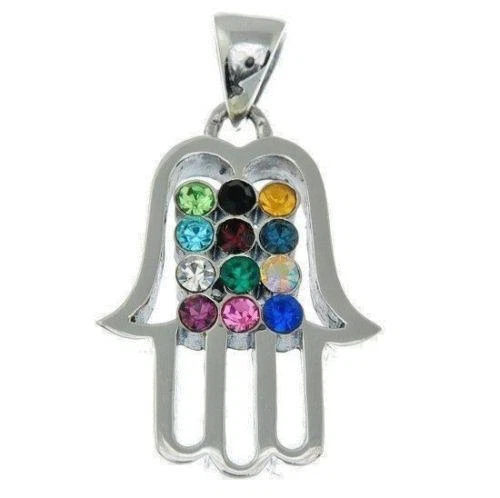 Ciondolo in argento Hamsa pietre preziose multicolore + catena in argento ste... - Immagine 1 di 1
