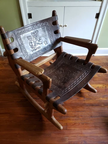 Angel Pazmino Teak and Leather Rocking Chair Ecuador, 1960s mid century MCM Cover