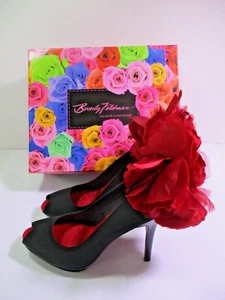 Beverly Feldman  DramaQueen Black Red Satin Sz 8.5 Stiletto Platform 4.5" Heel - Picture 1 of 5