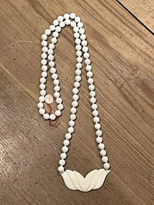 Vtg 32” Milk Glass Bead Knot Necklace Faux Ivory Art Deco Pendant New Old Stock - Picture 1 of 8