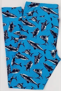 TC LuLaRoe Tall & Curvy Leggings Sharks Ocean Turquoise Blue NWT X08 New - Picture 1 of 6