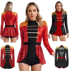 Women's Sparkle Sequins Long Sleeve Ringmaster Circus Leotard Bodysuit Costume - Picture 1 of 29