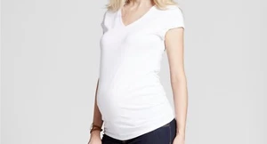🍒 Ingrid & Isabel Short Sleeve V-Neck Side Shirred Maternity T-Shirt XS White - Picture 1 of 3