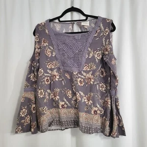 Knox Rose Womens Cold Shoulder Top Floral Grey Purple Boho Size Small - Picture 1 of 7