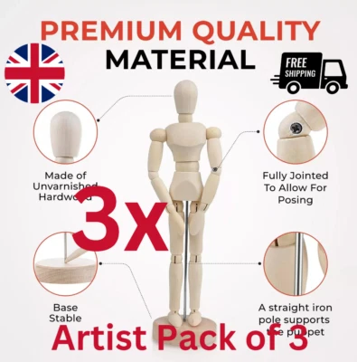 Juego de 3 - 8" Figura de Artistas - 21cm Maniquí Masculino Madera Arte Maniquí BRITÁNICO - Imagen 1 de 4