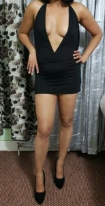 Mini vestido negro cuello en V para mujer micro fiesta té sin espalda ceñido al cuerpo vestidos - Imagen 1 de 11