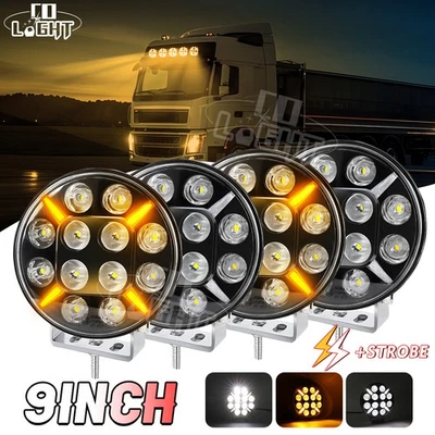 9" Round LED Work Light X4 White Spot Amber Fog Driving Lamp For Man Daf Scania - Image 1 of 4