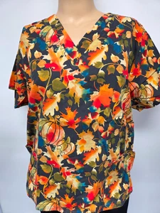 Butter-Soft 2X Autumn Leaves Teal Pewter Scrub Top Pockets Cotton Blend - Picture 1 of 3