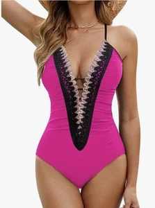 Women's One Piece Swimsuit Ruched Tummy Control Bathing Suit Pink Swimwear M - Picture 1 of 3