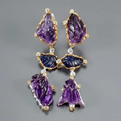 Pendientes de amatista natural hechos a mano de 40 quilates + plata de ley 925 / E129507 Foto 1 de 4