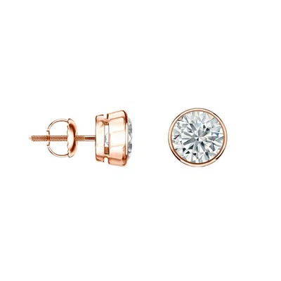 1/2 Ct Round Cut Created Diamond Earrings Studs Real 14K Rose Gold Bezel Screw - Image 1 of 3