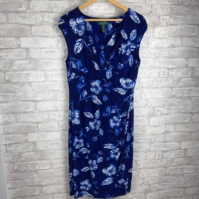 Vestido LAUREN Ralph Lauren Simulado Envolvente Talla 14 Azul Floral Sin Mangas Acanalado Foto 1 de 4