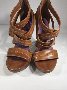 Tacones altos Stiletto casa de muñecas con tiras punta abierta plataforma madera marrón talla 6,5 - Imagen 1 de 12